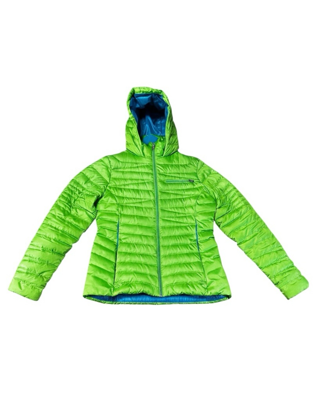 Spyder Timeless Hoody Down Jacket Womens M Green Blue Lightweight Puffer Ski